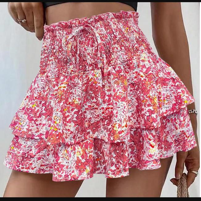 Women's Fashion Floral Skirt Pleated Skirt Ruffle Printed Short Skirt