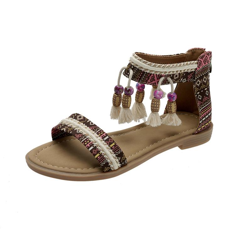 Women's Bohemian Sandals Summer Flats Female Casual Peep Toe Shoes Female Slip on Tassels Beach Comfort Sandalias for Women