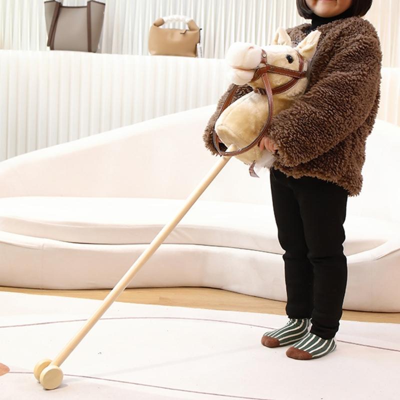 Stick Horse Plush Hobby Horse on a Stick with Wood Wheels Realistic Horse Neighing and Galloping Sounds for Kids