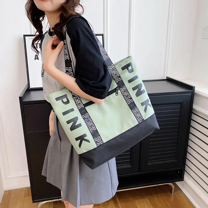 Colorblock Pink Letter Graphic Tote Handbags Woman Shoulder Bags Casual Sports Fitness Tote Bag Women Handbag Nylon Fabric