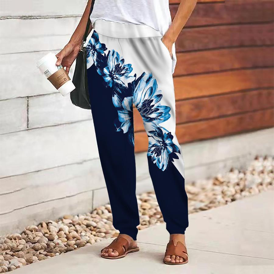 Women Flower Printing Pants Lace Up Elastic Waist Loose  Trousers Casual Long Pants Trousers with Pockets