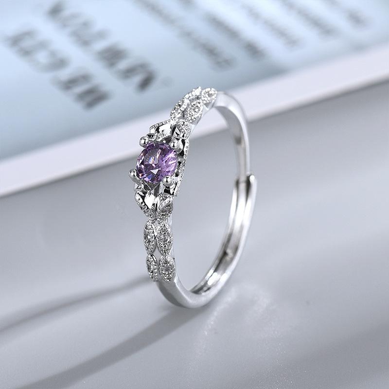 Silver Color Light Luxury Style Amethyst Dazzling Zircon Ring for Women's Girls Simple Fashion Adjustable Ring Jewelry Gifts
