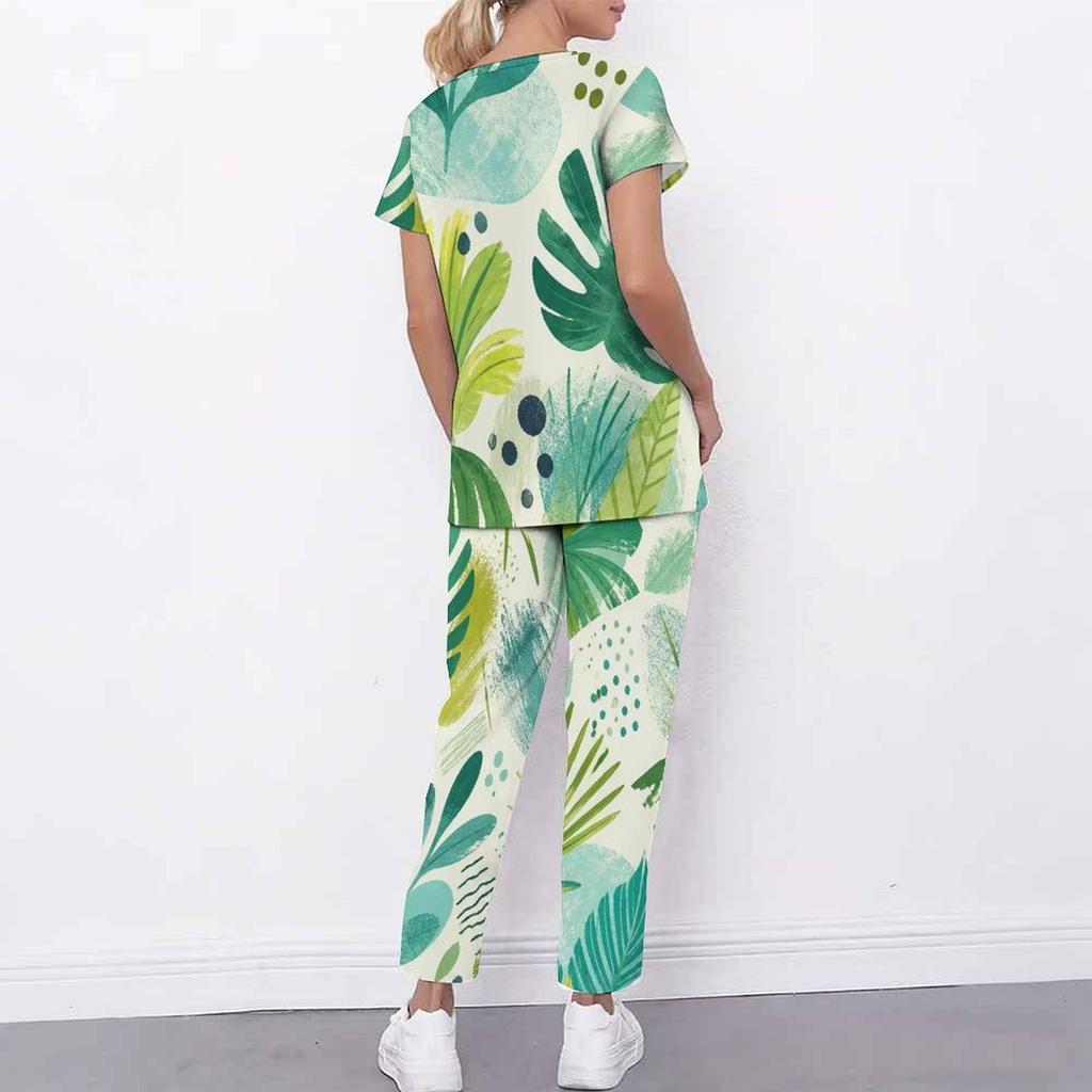 Women Plus Size Tropical Leaf Print Scrub Set Cutout Neck Short Sleeve Top With Pockets Long Pants