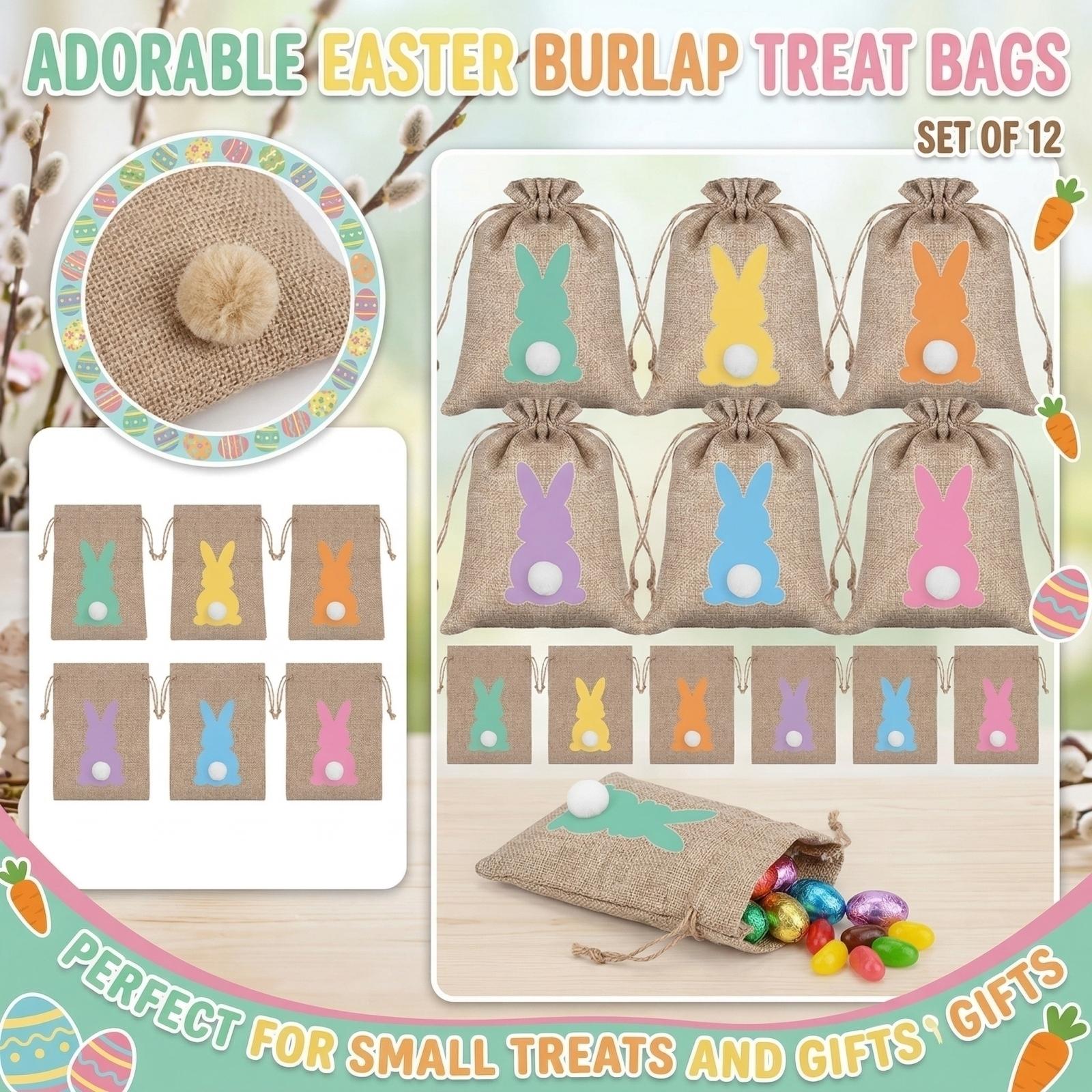 

12 PC Easter Gift Bag Bunny Egg Storage Drawstring Candy Packaging Gift Bag Imitation Linen Drawstring Decoration One Size