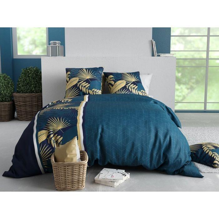 Parure de lit - Housse couette + 2 taies - 220 x 240 cm - Motif feuillage doré - Confort 100% coton