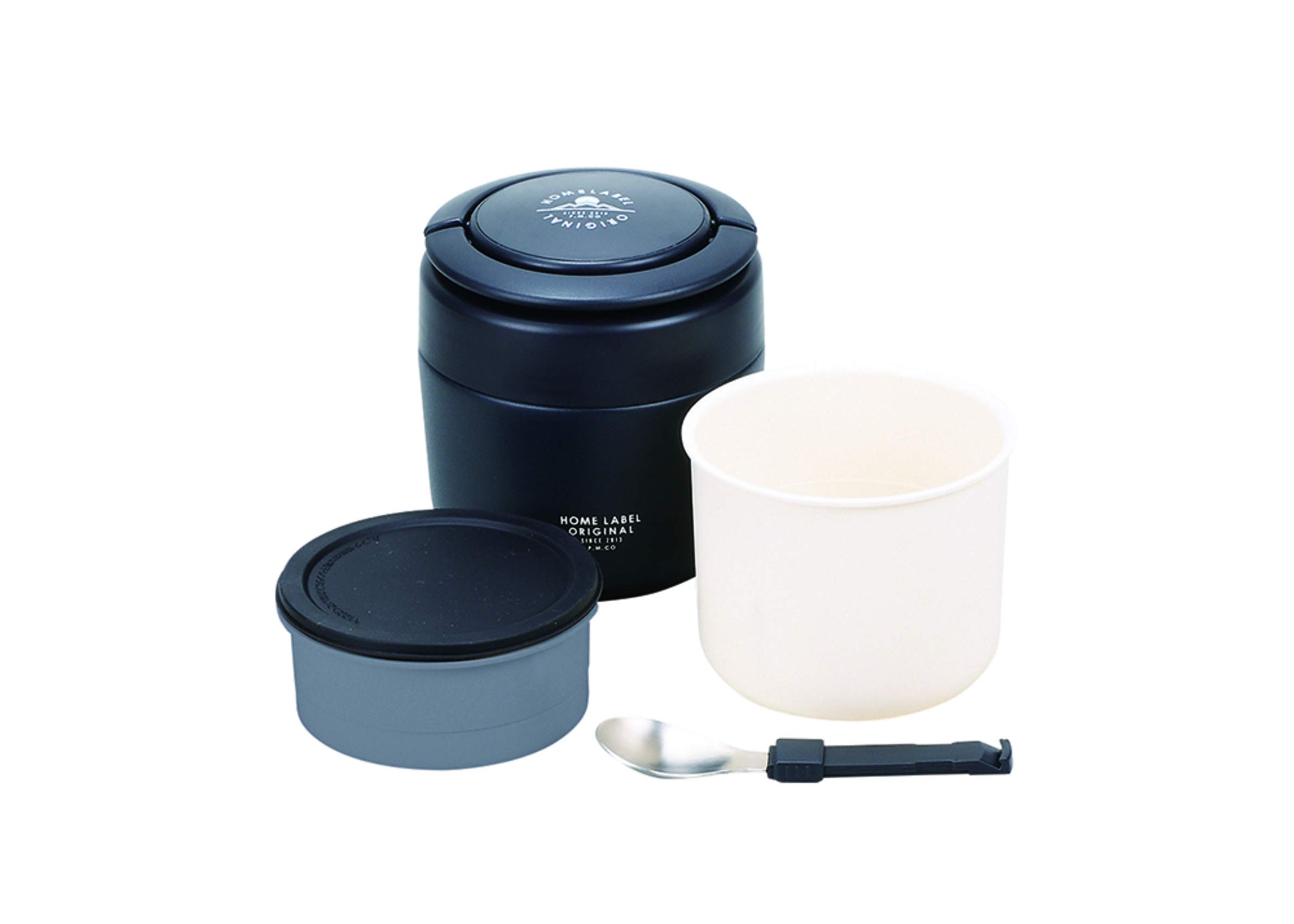 

Pearl Metal Donburi Lunch Jar 390 with Home Label Spoon, Black, HB-5446 чёрный