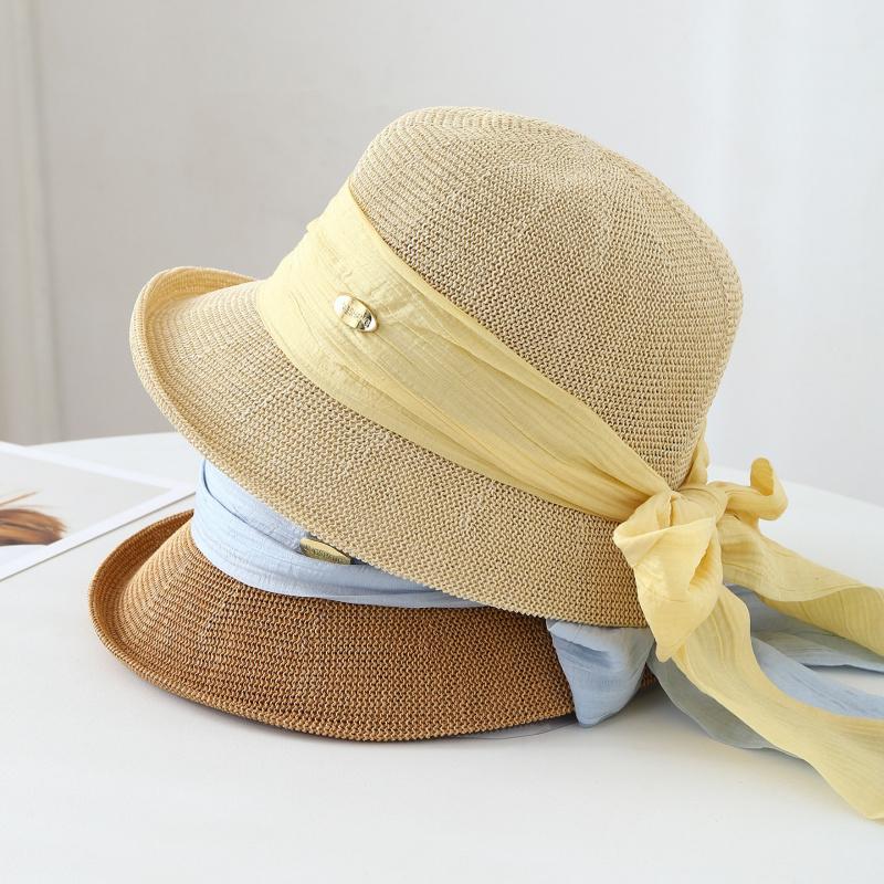 Adult Women's Knitted Fisherman Bucket Hat with Long Ribbon Bow Windproof Spring Summer Autumn Fashion Accessory