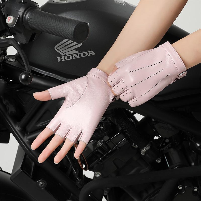 Women's Perforated Genuine Leather Half-Finger Gloves for Spring/Autumn Cycling and Motorcycling.