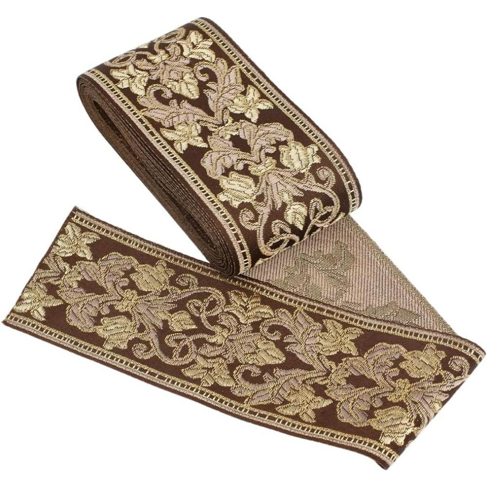 Kávová Boho Žakárová stuha Květinová stuha 5 yardů(5m) Etnická výšivka Polyesterová plochá paspule 61mm Tkaná krajková stuha Pevný popruh