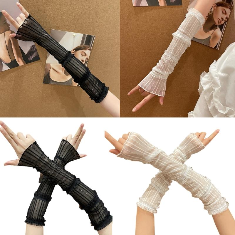 Sunproof Arm Sleeves Holiday Women Girl Arm Cover with Pleated Lace Trim Breathable Arm Cover for Holiday Driving