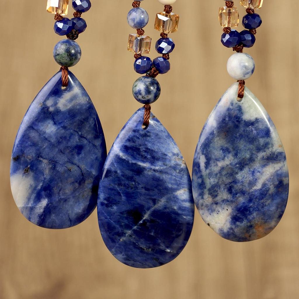 European Ethnic Blue Veined Stone Water Drop Pendant Necklace for Women - Hand-Knotted Natural Stone Sweater Chain Jewelry