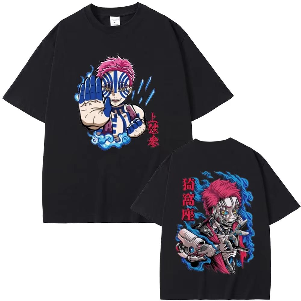 Anime Demon Slayer Akaza Doppelseitiger Druck T-Shirt Männer Frauen Kleidung Cartoon Übergroßes T-Shirt Männlich Lässig Weiche Baumwoll-T-Shirts
