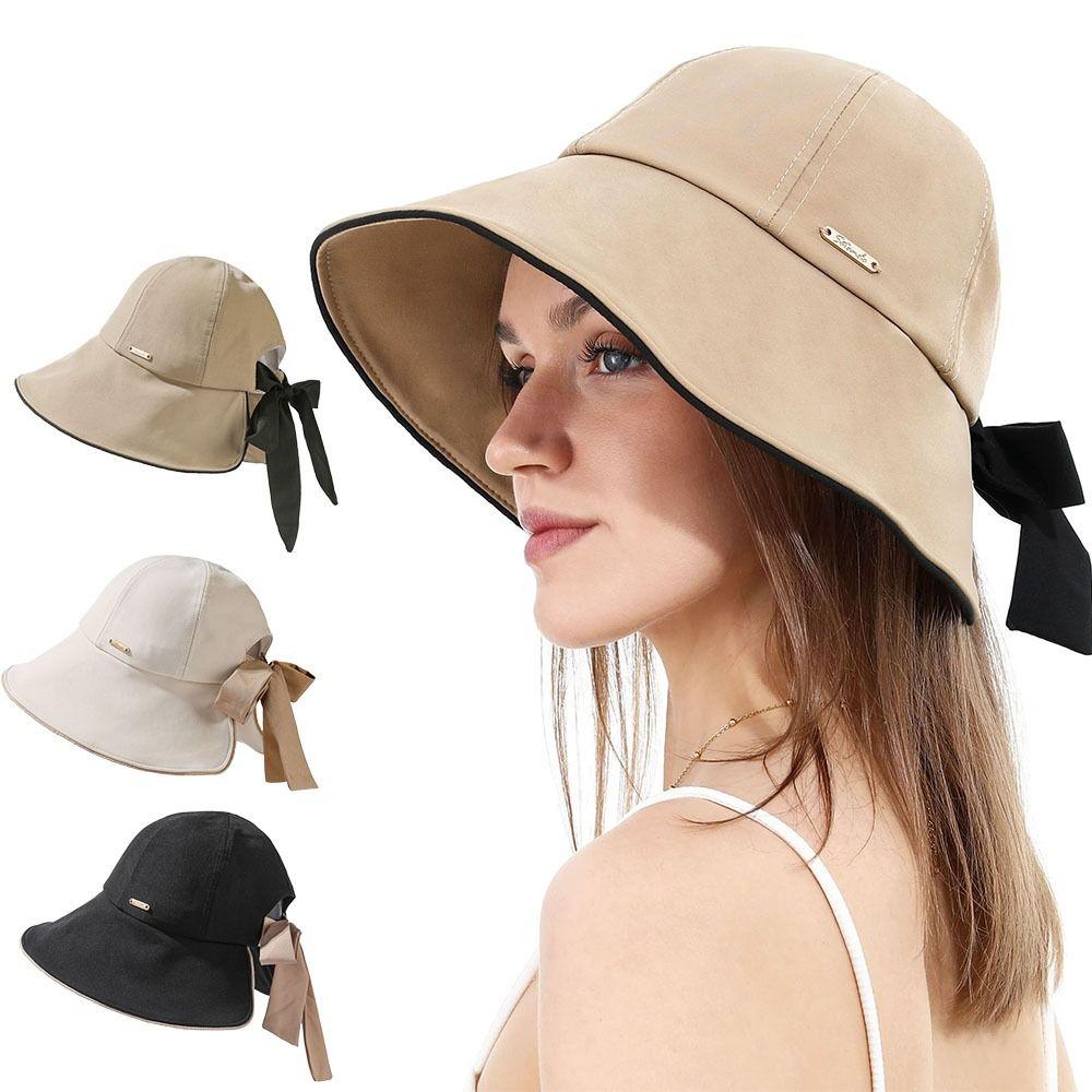 Casual Wide Brim Sun Hat Breathable UV Protection Women Bucket Hat with Bow Ponytail Hole Foldable Summer Beach Hat
