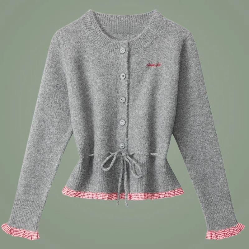

Autumn new retro trend waist strap design fashion casual women s knitted cardigan sweater average size серый