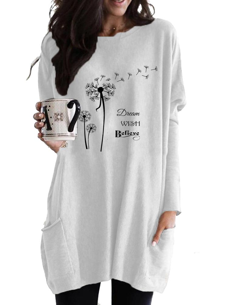 Женская длинная туника с карманами свободного кроя с принтом с длинным рукавом S 1457₽