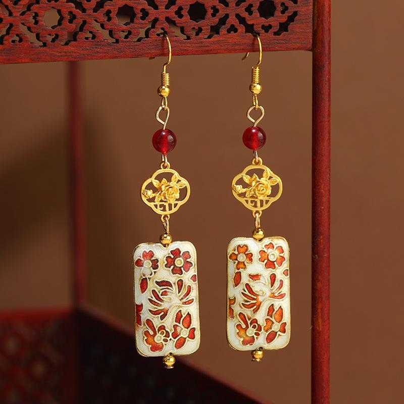 Original design cloisonne earrings women's retro enamel flower square brand earrings medium cheongsam earrings