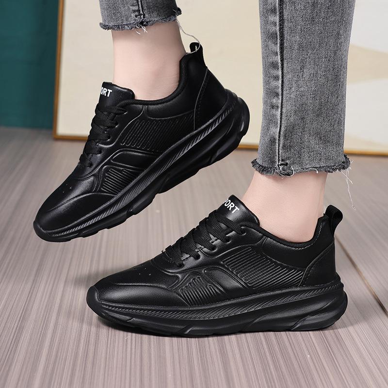 Casual Sports Shoes Leather Surface All Black Spring and Autumn Waterproof Soft Sole Light Wear-resistant and Comfortable