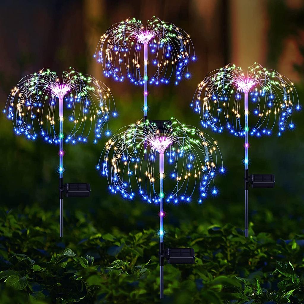 New Firework Solar Lights Outdoor Garden 4 Pack 120 LED Firework Landscape Lights with 2 Lighting Modes Easy to Bend Into Any