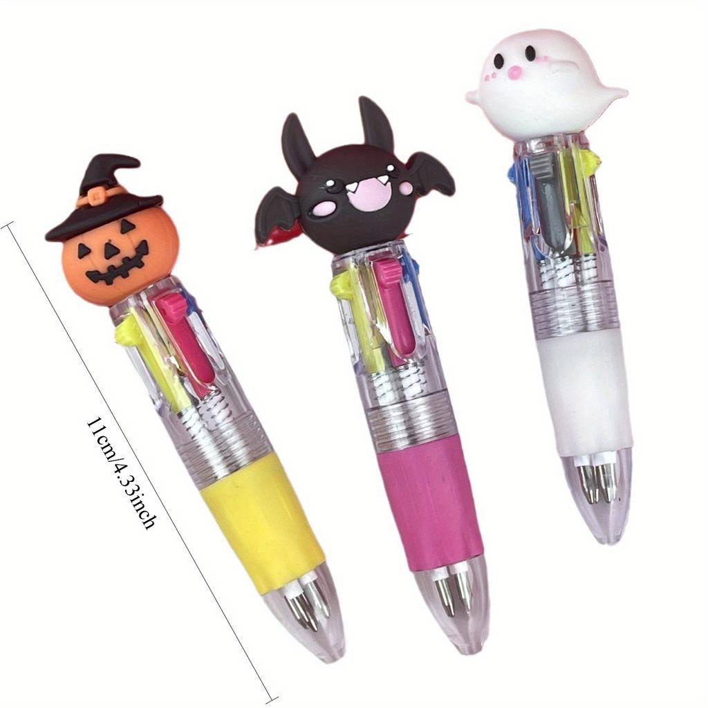 12pcs Cute Cartoon Retractable Ballpoint Pens for Halloween, 4-in-1 Color Ballpoint Pens, Pumpkin Bat Ghost Shaped, Suitable