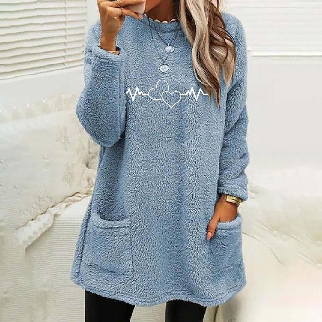 Winter Women's New Love Print Round Neck Loose Long Sleeve Pocket Plush Sweater For Women