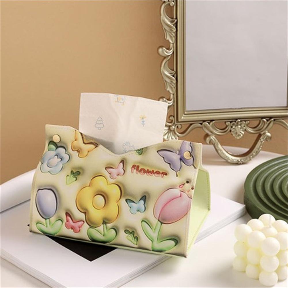 3d Visual Effect Flower Printed Tissue Box Ins Style Paper Napkin Case Cute Pu Leather Home Car Paper Storage Boxes Girls Gifts