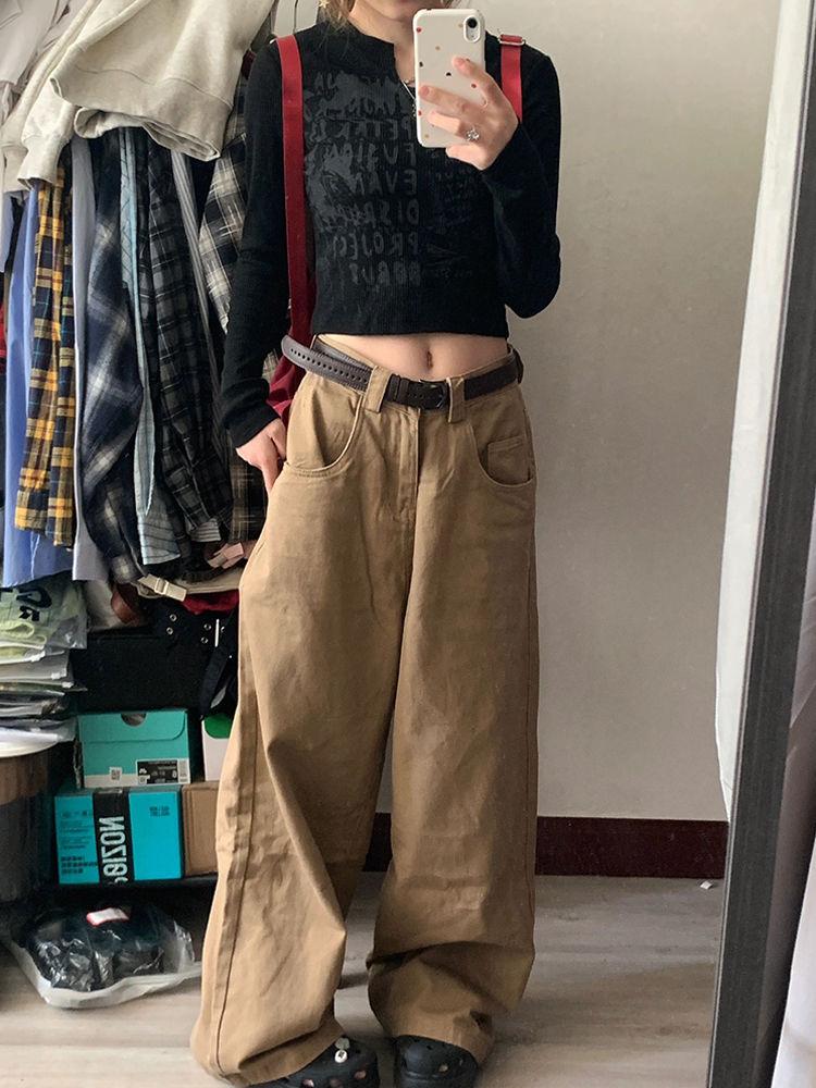 Jean cargo vintage marron Y2k pour femme, pantalon surdimensionné de style japonais des années 2000, pantalon large en denim coréen Harajuku