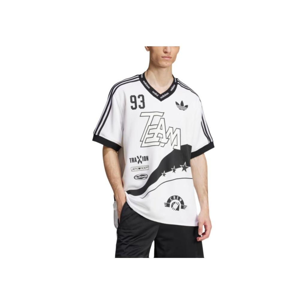 adidas Originals Adilenium 2 Season Team 93 Gestreiftes Buchstaben Weiches V-Ausschnitt Atmungsaktiv Locker Kurzarm Trikot Herren Trikot Weiß JN0808
