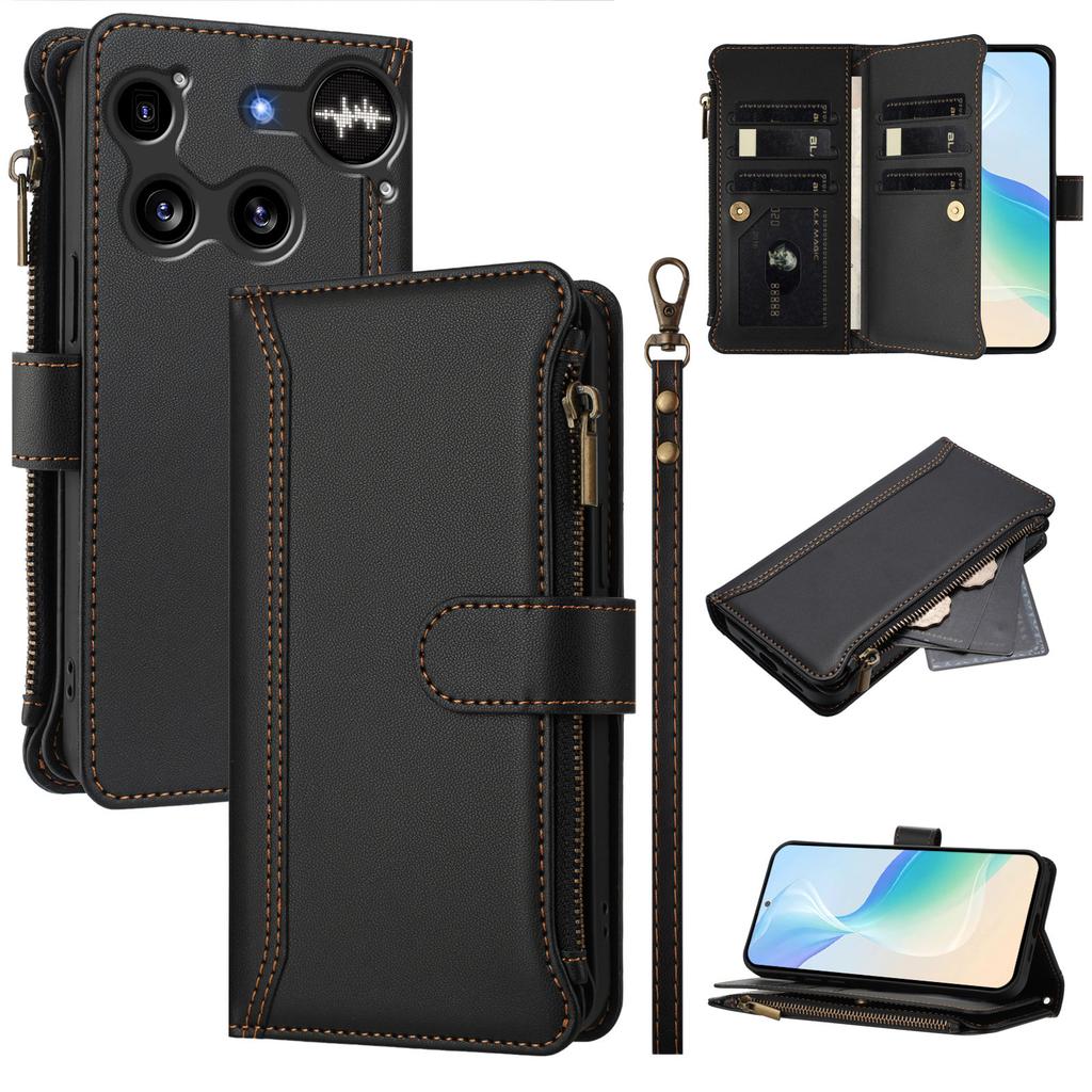 Per niente telefono (3) Custodia in Pelle 5G 9 Scomparti per Carte Portafoglio con Cerniera Supporto Copertura per Telefono con Cinturino da Polso