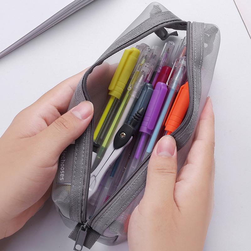

HE CHOOSES D037 Large Square Mesh Pencil Bag Nylon Stationery Storage Bag Purple