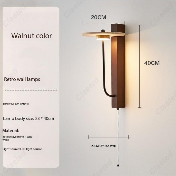 

New Yellow Cave Stone Walnut Wall Lamp with Switch Dining Room Living Room Corridor Bedroom Bedside Retro Decorative Lighting Warm light