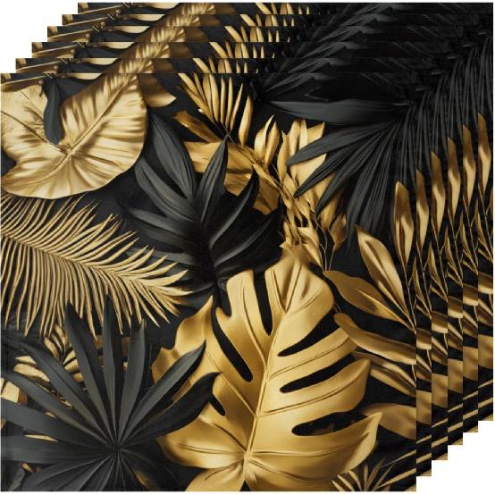 Plam Leaf Cloth Napk Set of 4 Black Golden Luxurious Dinner Cloth Reble 20 X 20 Inch Washable Soft Kitchen Table Napk for Cocktails Holiday Party