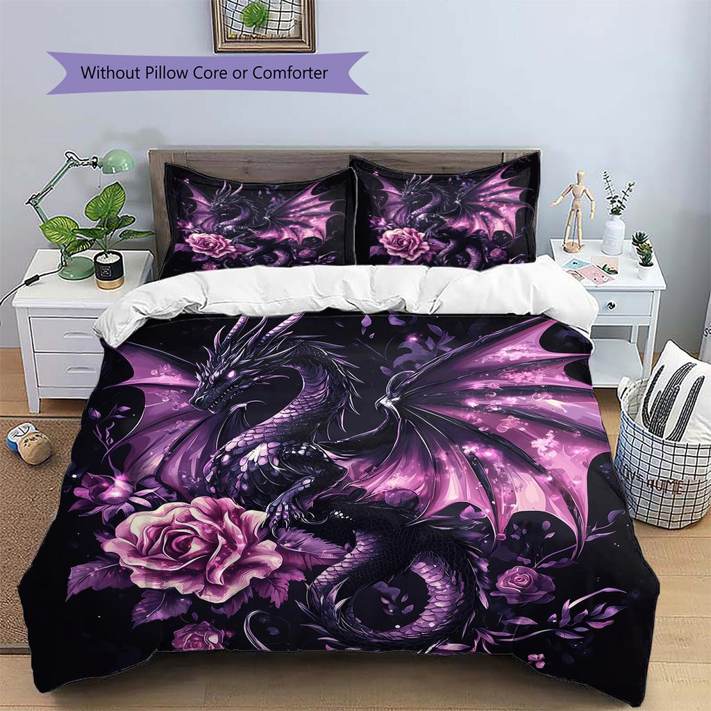 Fialový drak Vzor Povlečení Přikrývka Sada Povlak na přikrývku Povlak na polštář Domácí dekorace Dárek (1 * povlak na peřinu + 2 * povlak na polštář, bez jádra)