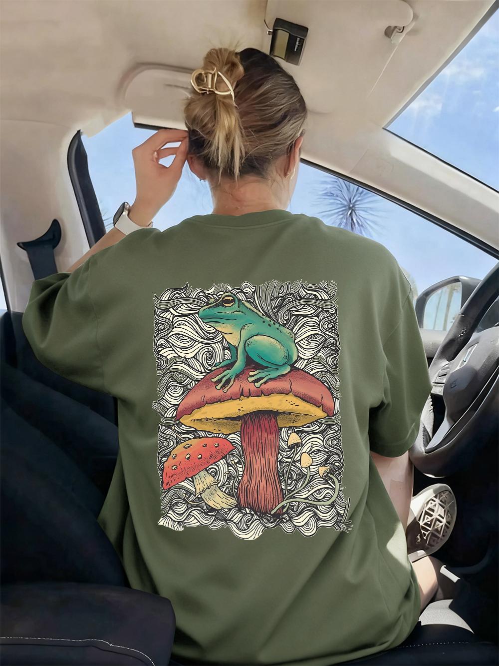 

Frog With Mushroom Printing TShirt Womens Basics Comfortable T Shirts Soft ONeck Short Sleeve Tops Summer Loose Woman Clothes S