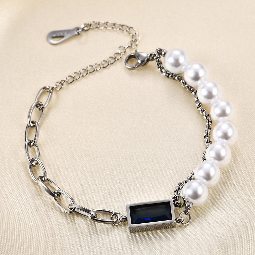 European-American Creative Rectangle Sapphire Pearl Chain Bracelet for Women