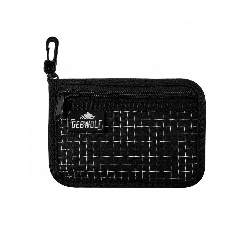 Portable Fabric Zip Wallet Black Grid Pattern Passport Holder Zipper Closure Key Clip Coin Purse Daily Commute
