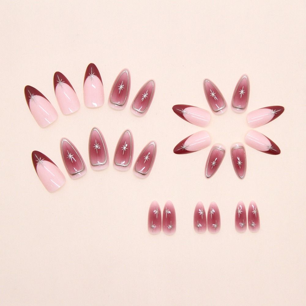24pcs Manicure Long Almond False Nails Simple Cherry Color Fake Nials French Detachable Press on Nails Women