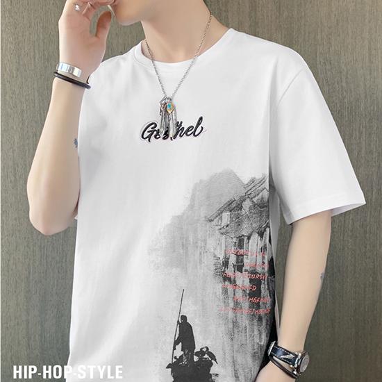Short Sleeved T-shirt for Men's Thin Summer Trend Ink Style Half Sleeved Casual and Handsome Fashion Top