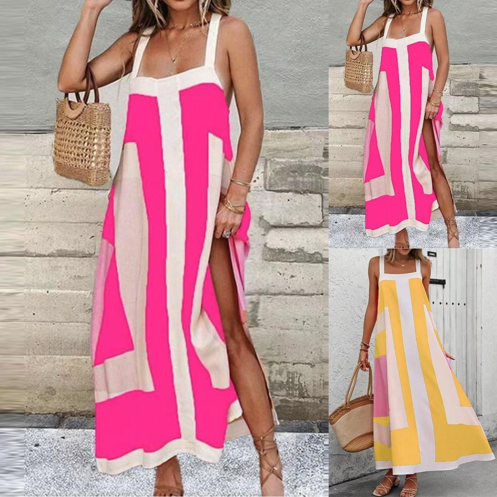 Women's Casual Seaside Resort Dress Color Block Patchwork Printed Sleeveless Dresses