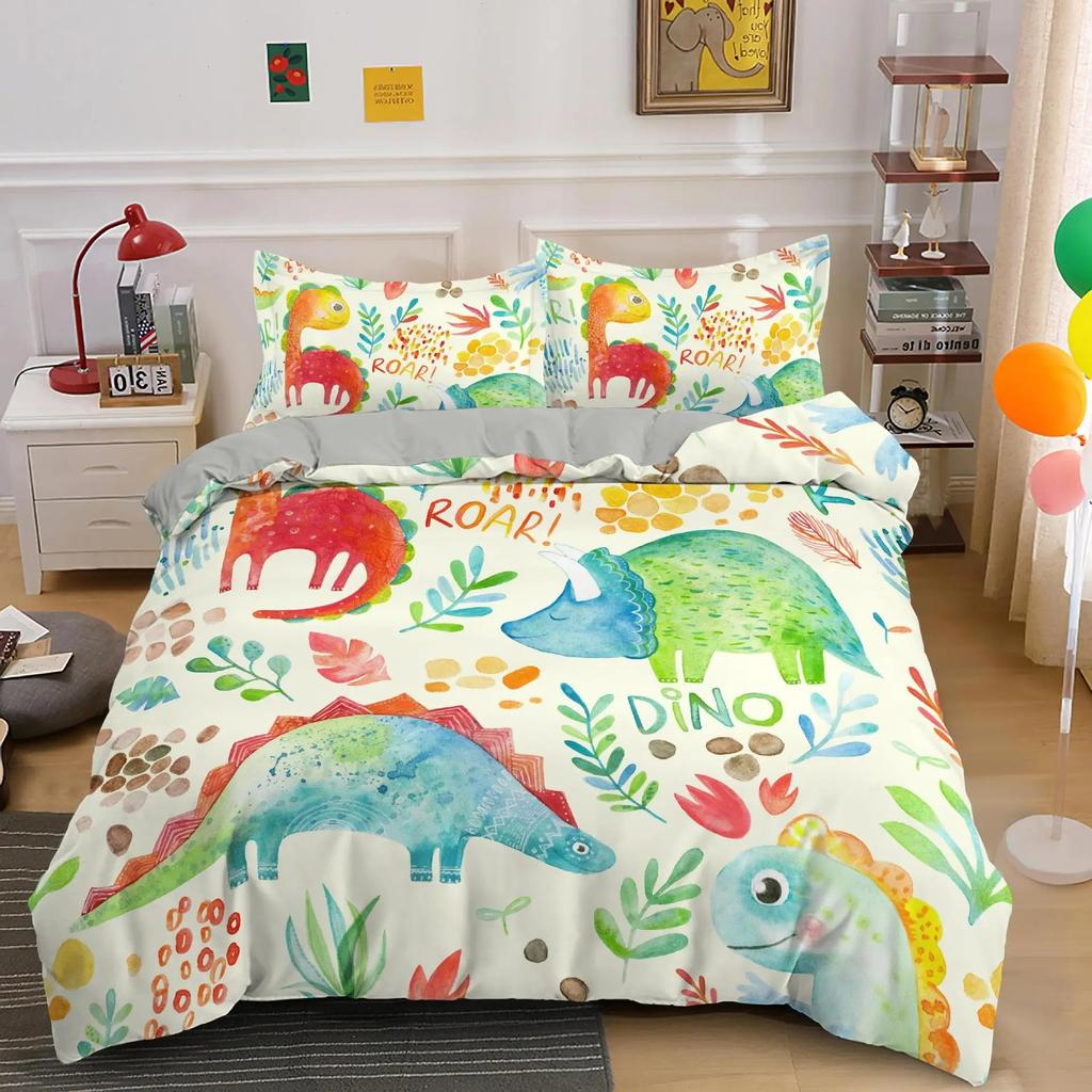 Niedlicher Dinosaurier Bettbezug Kinder 3D Cartoon Tier Bettwäsche Set Full/Queen Mikrofaser Bettdeckenbezug für Jungen Mädchen Kinder Schlafzimmer Dekor