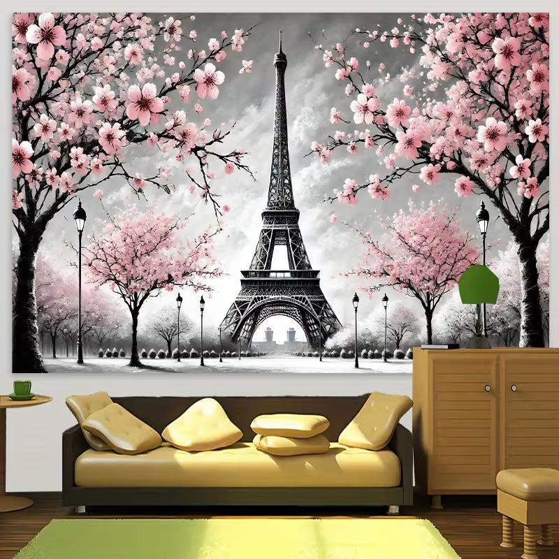 2D Black White Pink Eiffel Tower Cherry Blossom Tapestry for Home Aesthetic Decoration