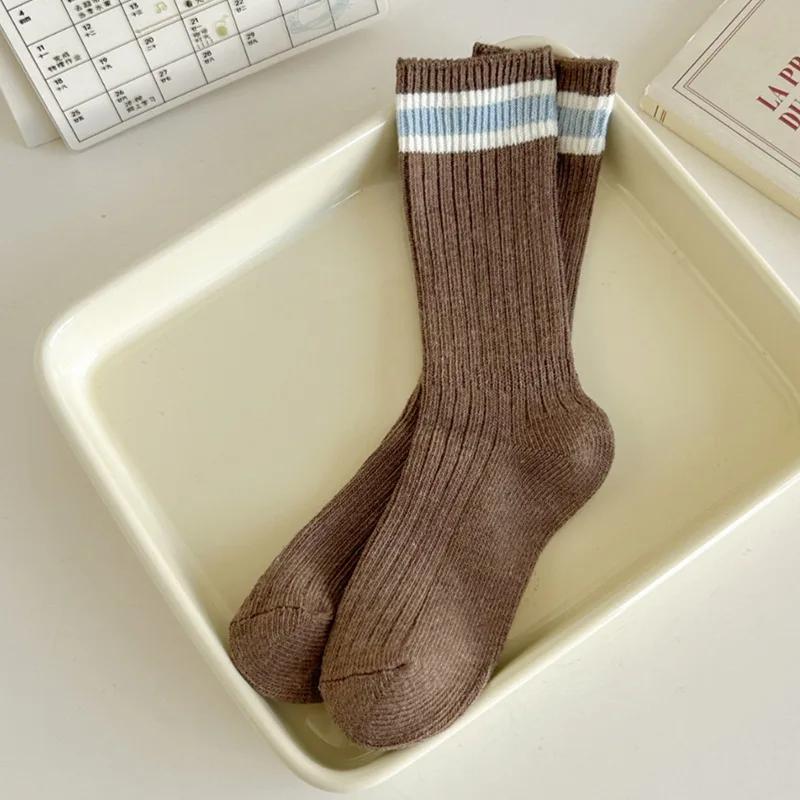 New Socks Women Autumn and Winter Cotton Knitted Elastic Long Socks Japanese Fashion Striped Harajuku Retro Streetwear Crew Sock