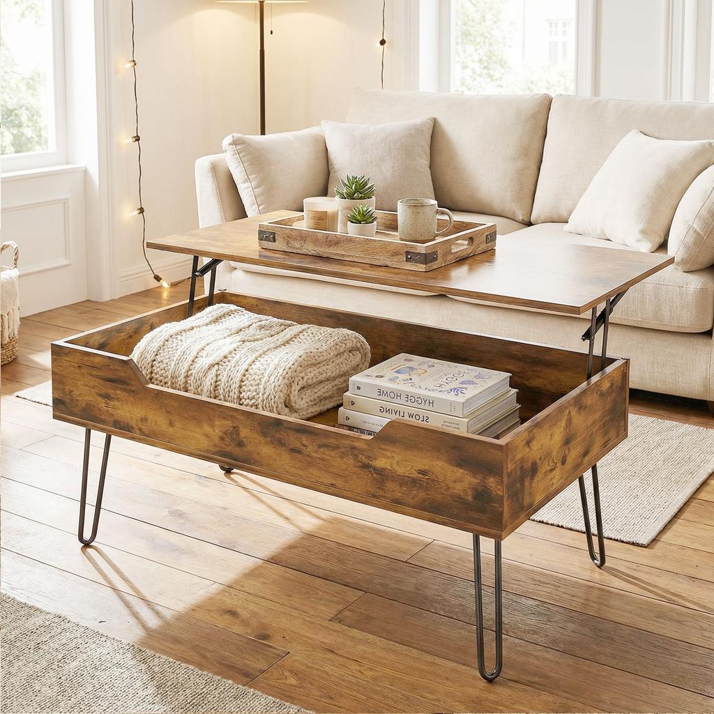 Lift-Top Wooden Coffee Table, Hidden Storage, Adjustable Height, 95 x 50 x 40 cm, Rustic Brown