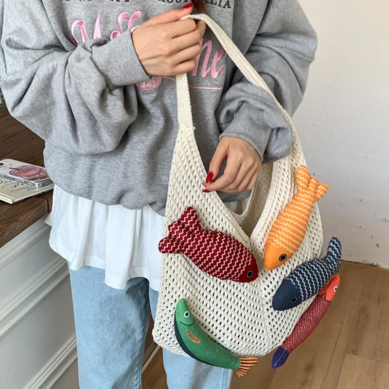 Yogodlns New Fish Cute Crochet Tote Bag Large Capacity Casual Woven Shoulder Bag Multicolor Handmade Knitted Bag