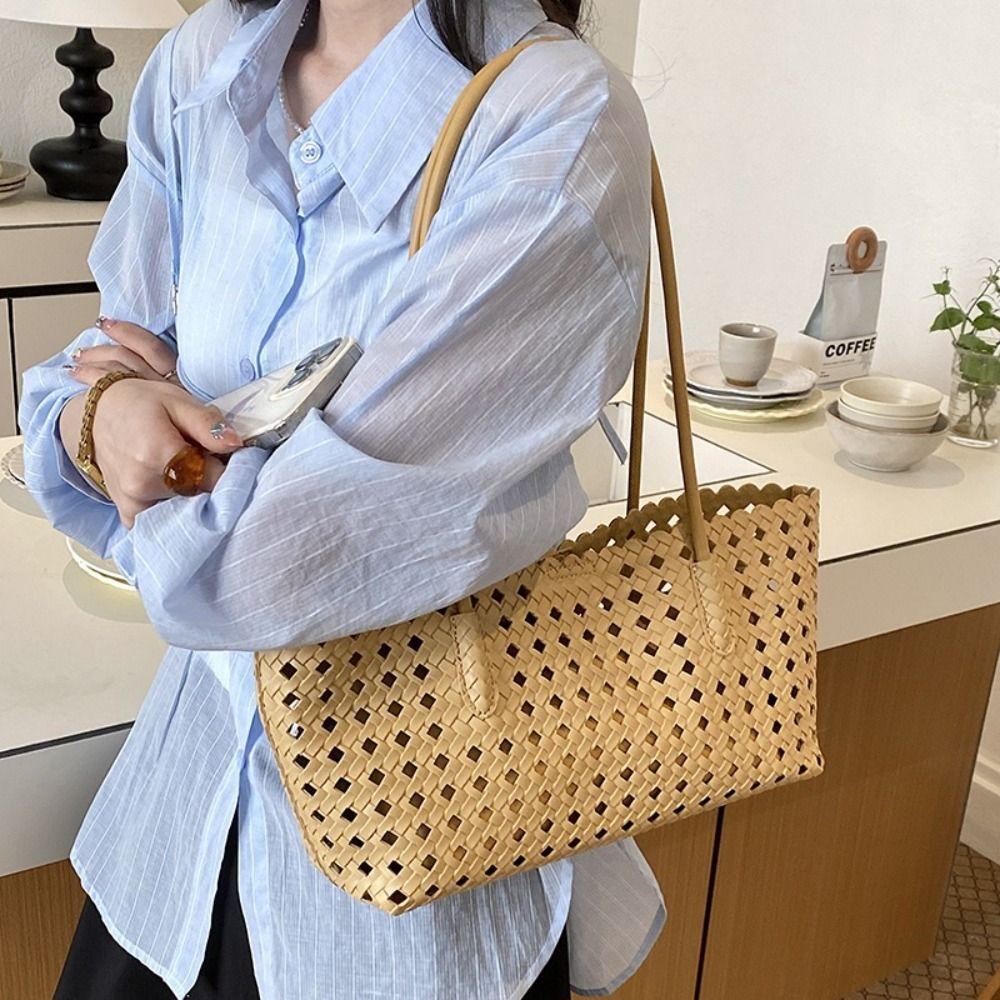 Foldable Hollow Out Weave Bag Large Capacity Beach Handbag Trendy Leather Woven Tote Bag Girls