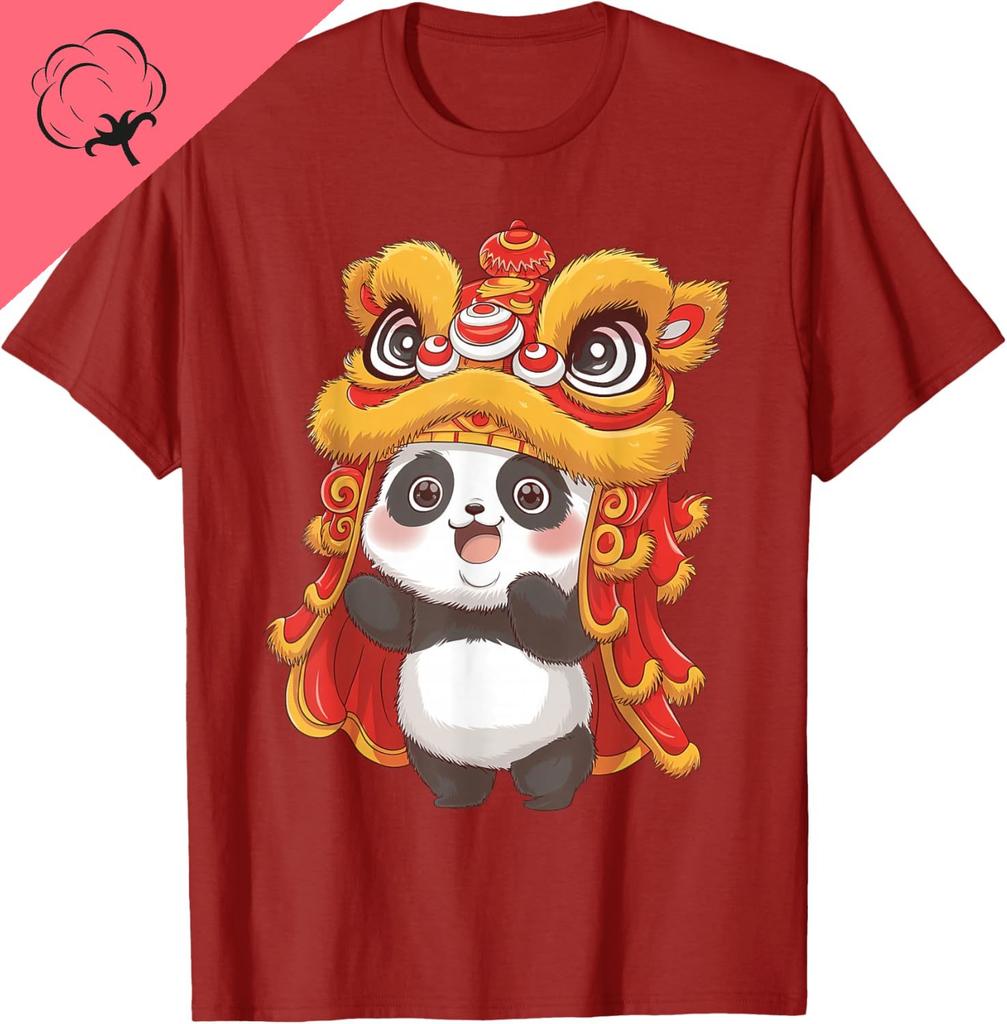 New Year lion dance performance in 2026 panda cute pattern Chinese culture Tshirt kawaii cartoon anime clothes