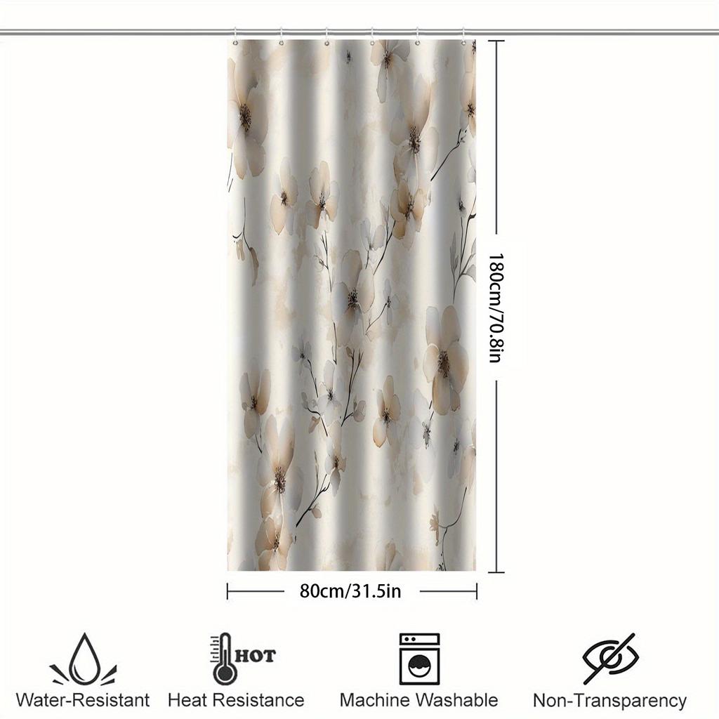 1Pc High Quality Floral Watercolor Shower Curtain - Beige And Honey Wheat Yellow Forest Theme, Machine Washable With Hooks