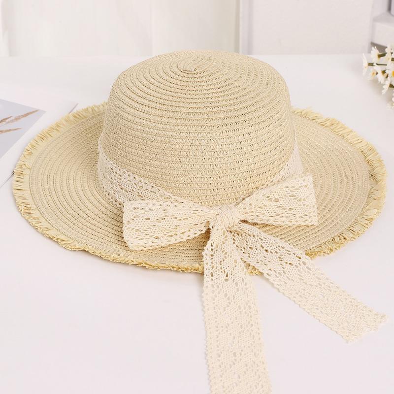 Summer Raffia Flat Top Burr Straw Hat Small Fresh Lace Bow Sweet Shade Outdoor Sun Hat Straw Hat