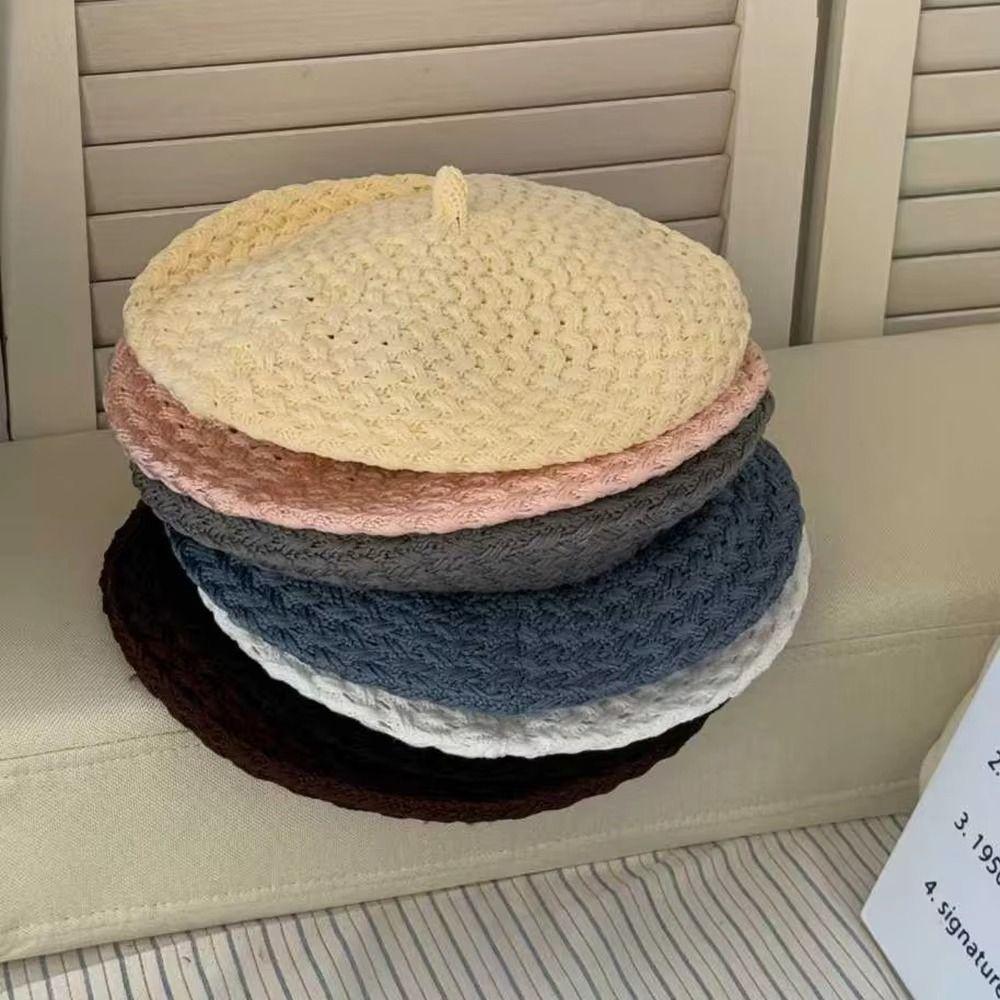 New Solid Color Knitted Beret Hat Stretch Breathable Crochet Painter Cap French Beanie Hat Women Fashion