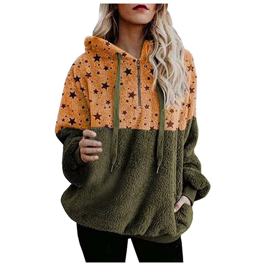 Women Plus Size Hooded Sweatshirt Star Winter Warm Zipper Pockets Coat Outwear