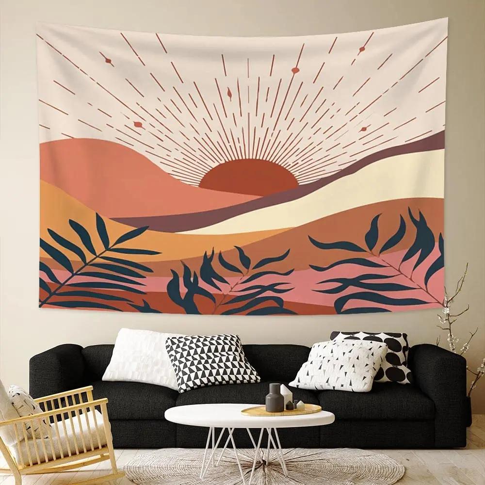 Abstract Sun Leaves Brown Geometric Wall Hanging Tapestry Vintage Simple Boho Palm Bedroom Dorm Living Room Wall Art Home Decor